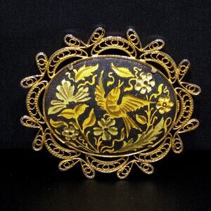 Vintage Spanish Damascene Brooch, Gold Inlay Bird Flower Pin, Filigree Frame